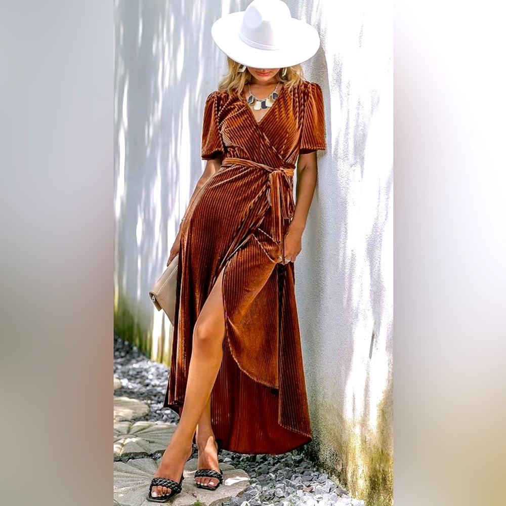 Burnt orange faux velvet wrap midi dress - NWT